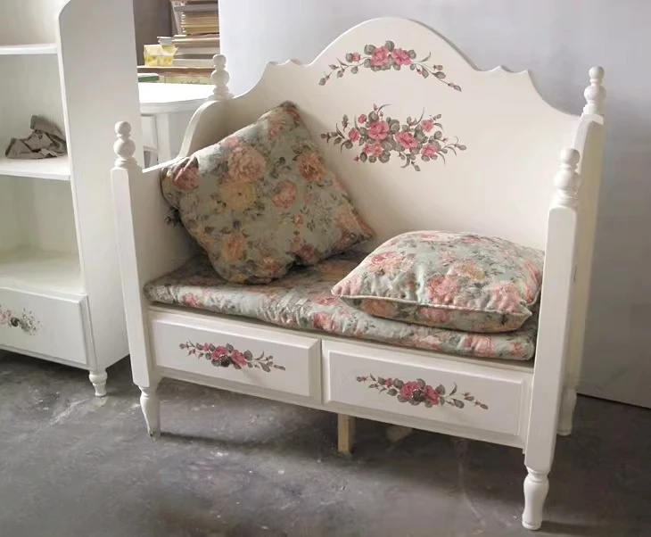 Country style solid wood Korean pastoral dining chair British hand-painted double backrest leisure chair