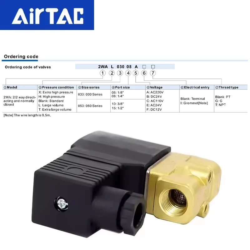 AirTAC Original 2WA030-06/08 Magnetschalter Wasserventil Direktwirkendes, normalerweise geschlossenes Flüssigkeitsregelventil 2WA050-10/15