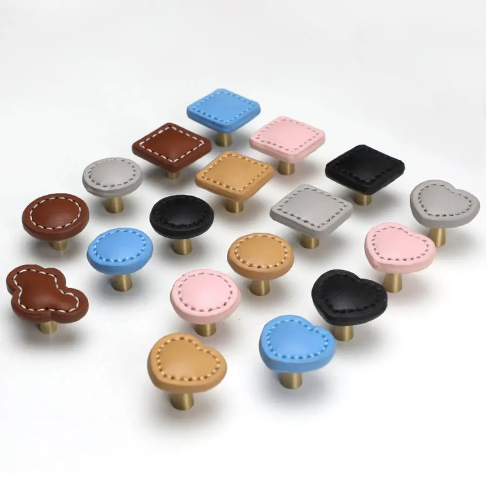 Single Hole Leather Cabinet Handles Multiple Colors Square/round/love-heart Door Pull Knob Minimalist Leather and Zinc Alloy