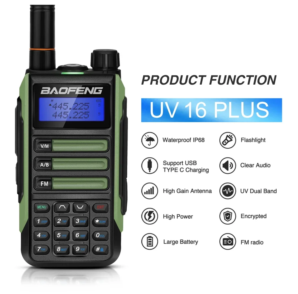 Baofeng Walkie-talkie UV-16 Plus Waterproof IP68 High-power Radio VHF UHF Two Way Radio Dual Band Walkie-talkie 50km Talk Range