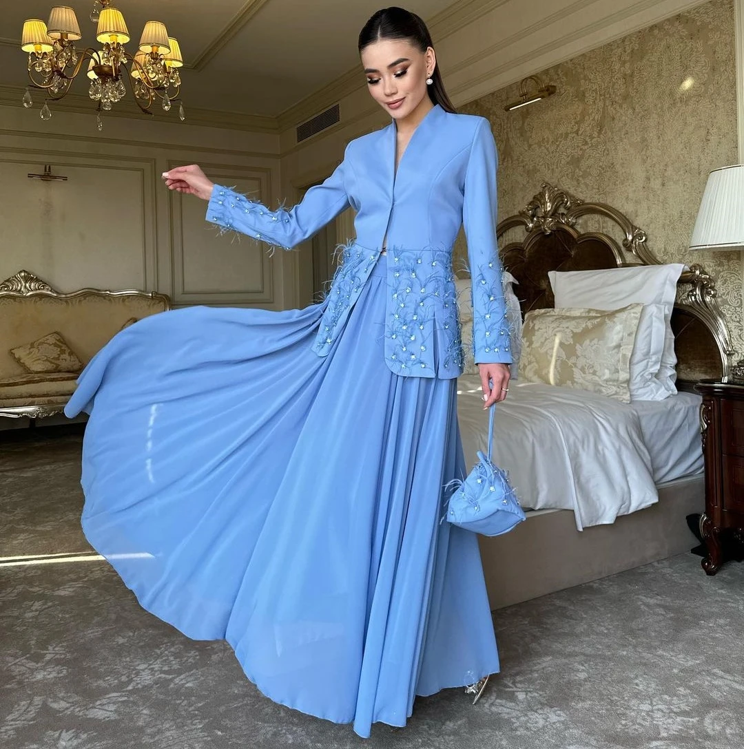 Blueribbon Two Pieces Evening Dresses Long Sleeves Beaded Feathers Vestidos De Noche Floor Length A Line Prom Party Formal Dress