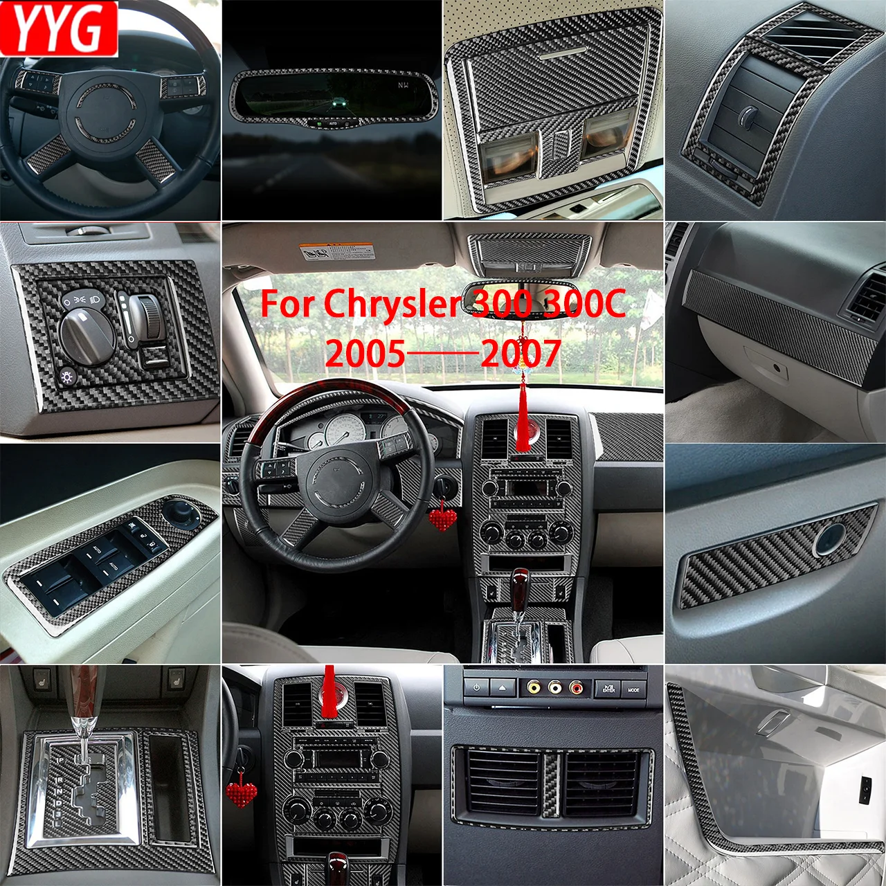 

For Chrysler 300 300C 2005-2007Car Accessories Carbon Fiber Steering Wheel Shifter Taillight Panel Interior Sticker Modification