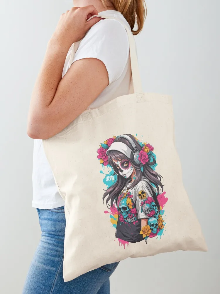 

Sugar Skull Girl with Black Hair & Headphones Tote Bag bag for beach bag luxury women Canvas stote Women's handbag