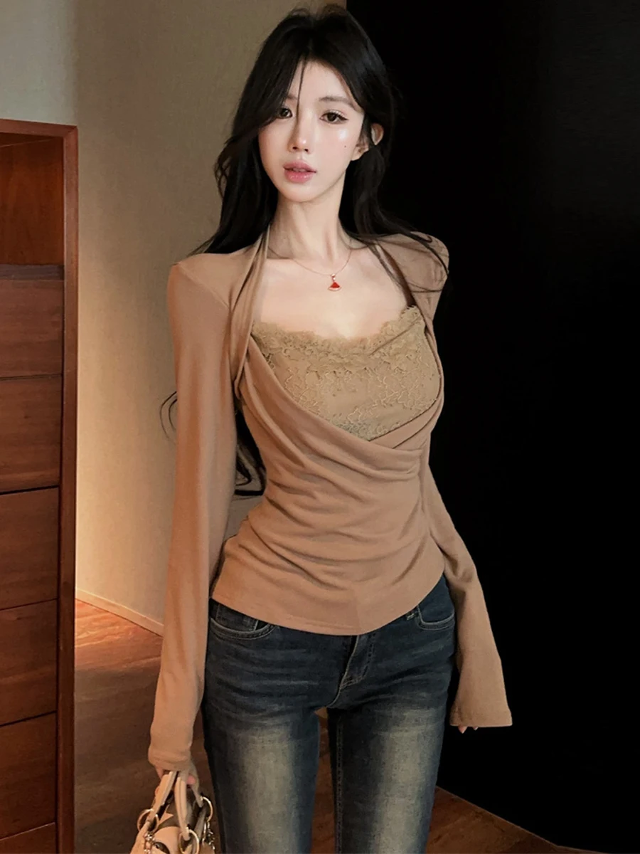 Pure Desire Lace Splice Long Sleeve Square Collar Women's Base T-shirt Top Crossed Pleated Design Sensation Slim Fit Underwear