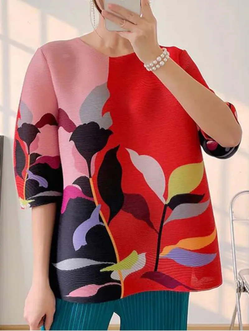 Round Neck Pleated Short Sleeves Printed Flower T-shirt For Women 2025 Spring And Summer New Female T-shirt Top AV0H