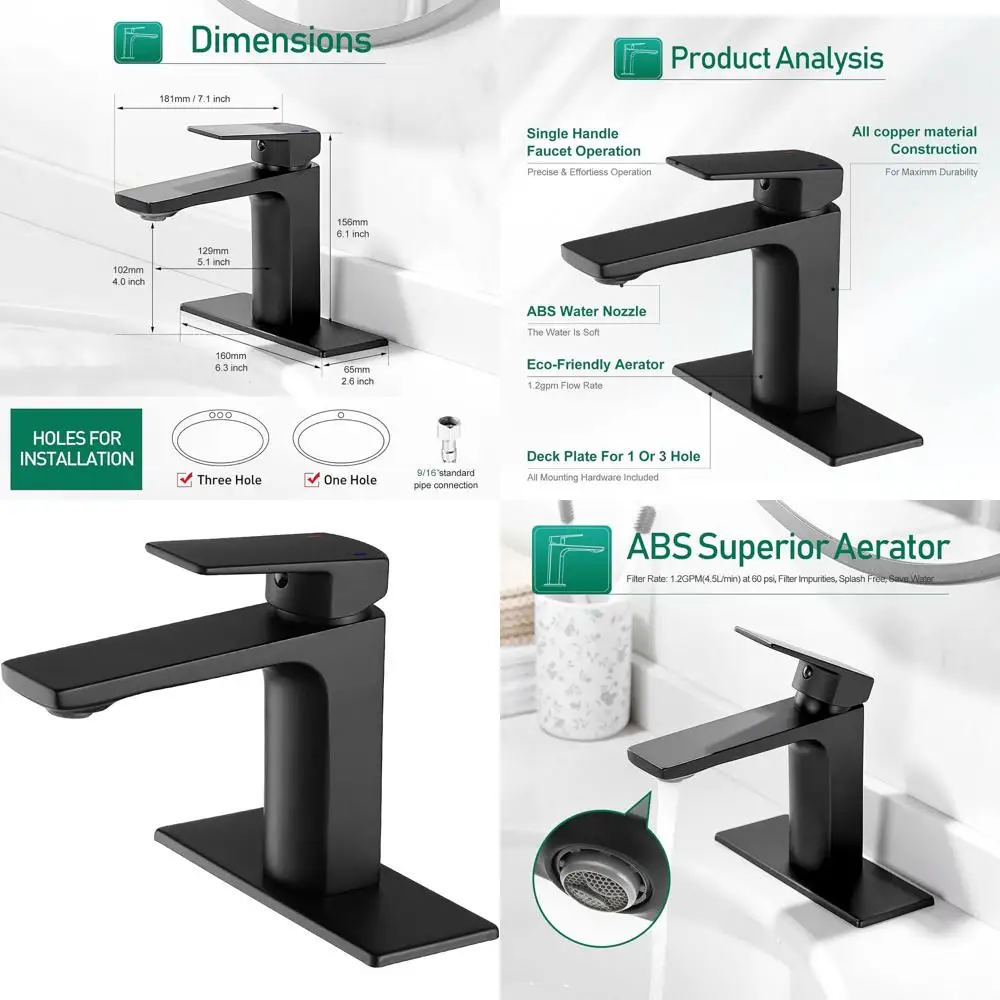 

Single Handle Faucet for 1 or 3 Hole Bathroom Sinks, Matte Black, with Deck Plate and Hose for Basins and RV Lavatories