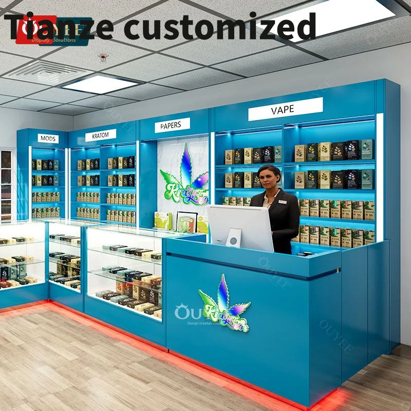 Customized-Factory Manufacturing Display Rack Tempered Glass Showcase Pharmacy Design Smoke Shop Wood Display