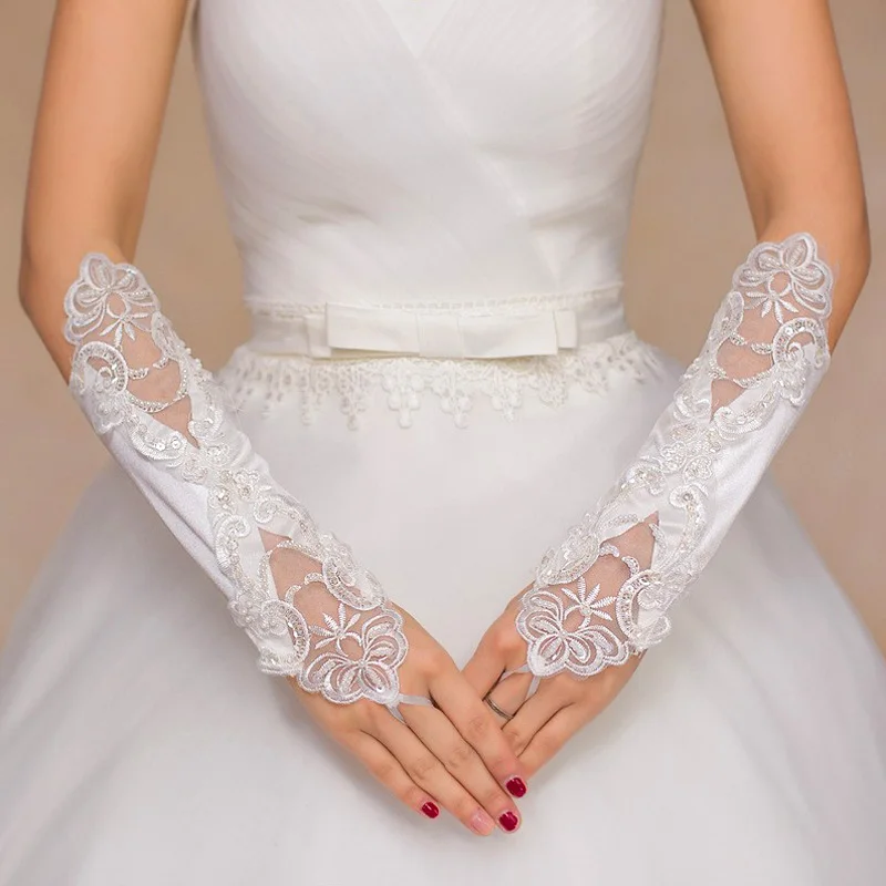 

Fingerless Gloves Satin Wedding Bridal Gloves Embroidered Lace Gloves Dress Wedding Accessories Elbow Length Hand Sleeves