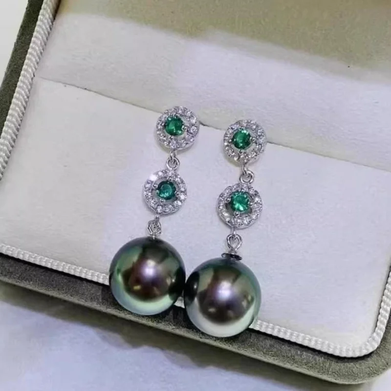 

Brilliant Round Natural Giant AAAA 11-12mm South Sea Black Green Pearl Earrings 925S