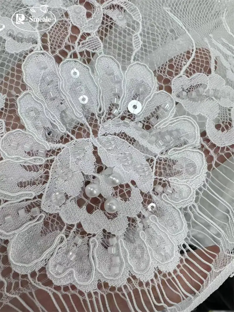 3 Yards Seilbestickter Perlenqualitäts-Weißer Perlenstickerei-Spitzenkopfschleier, Hochzeitskleid, Dekorative Accessoires, Handgemachtes DIY – Detail 3