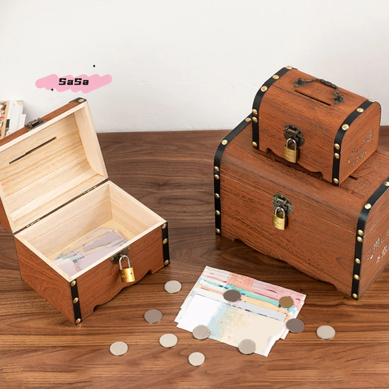 مجموعة واحدة من صندوق الكنز الخشبي العتيق مع قفل - صندوق تخزين منظم حصالة الخنزير للديكور المنزلي