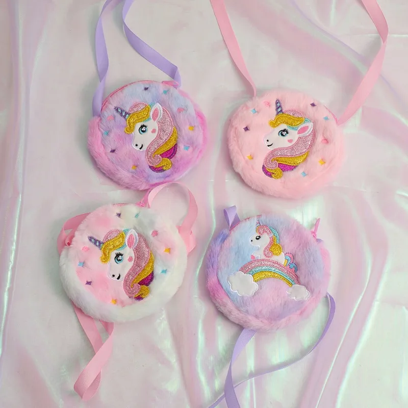 1 Pc Mini Cute Unicorn Coin Bag for Toddler Girl Sweet Cartoon Princess Plush Unicorn Shoulder Bag Baby Hair Clip Necklace Bag