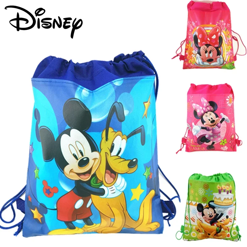 Disney Mickey Drawstring Bag Storage Bag Pink Minnie Print Backpack Portable Cartoon Shopping Bag Travel Bag Folding Bag Gift