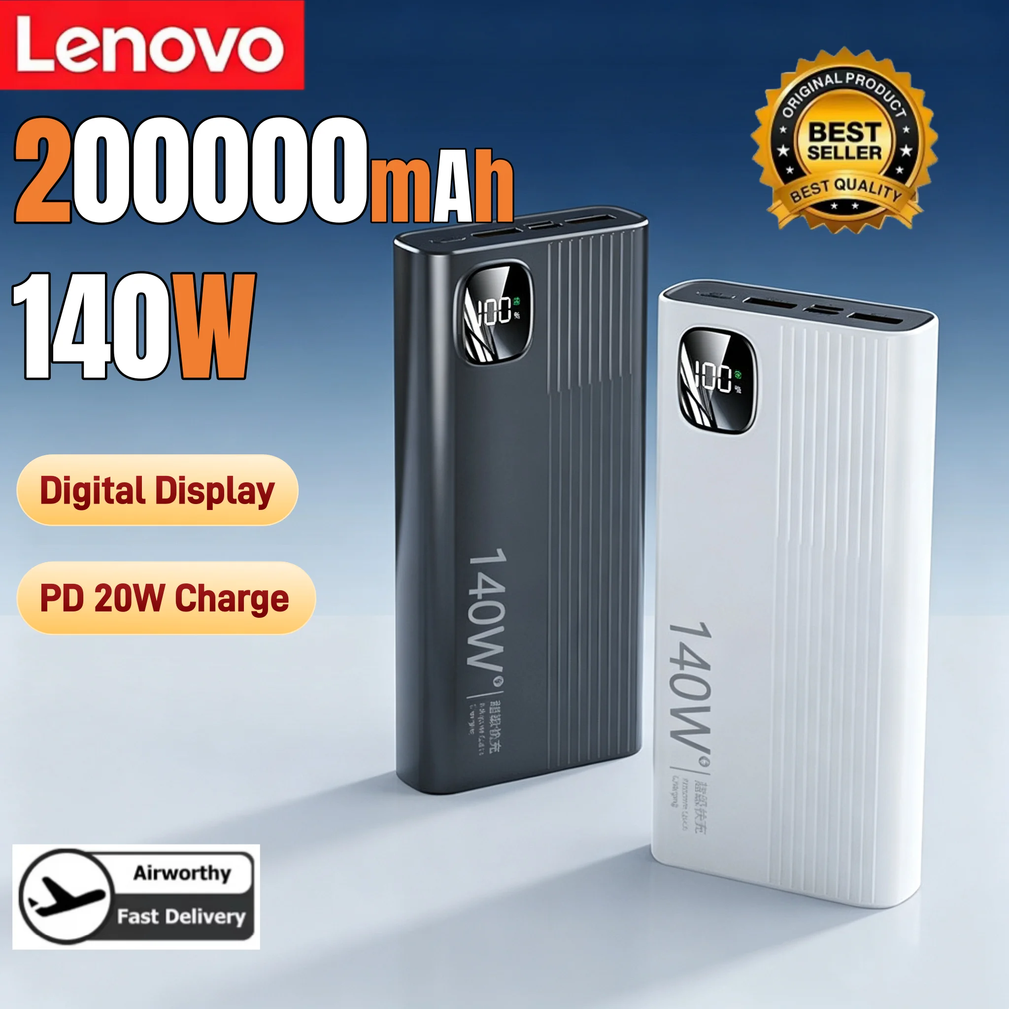 Lenovo 200000mAh Power Bank 140W Super Fast Charging Phone External Battery Powerbank Charger for Xiaomi iPhone Samsung