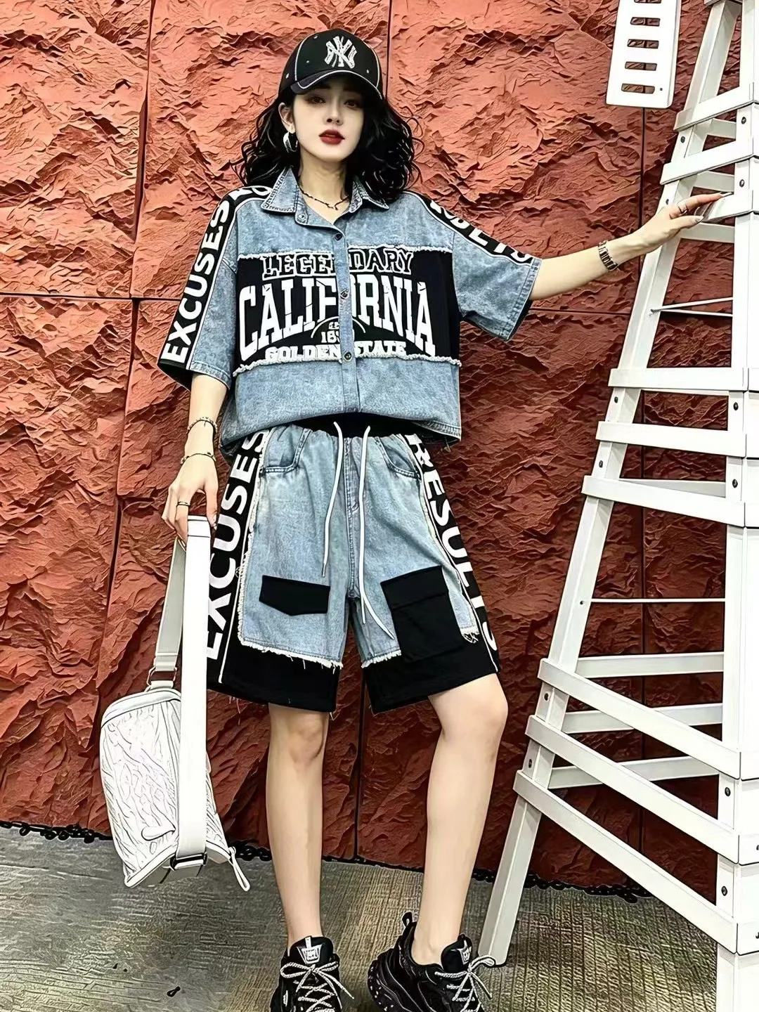 Trendy Denim Patchwork Loose Short Sleeve Women's Set Summer 2026 Contrast Color Letter Print Shorts Casual Style Cotton