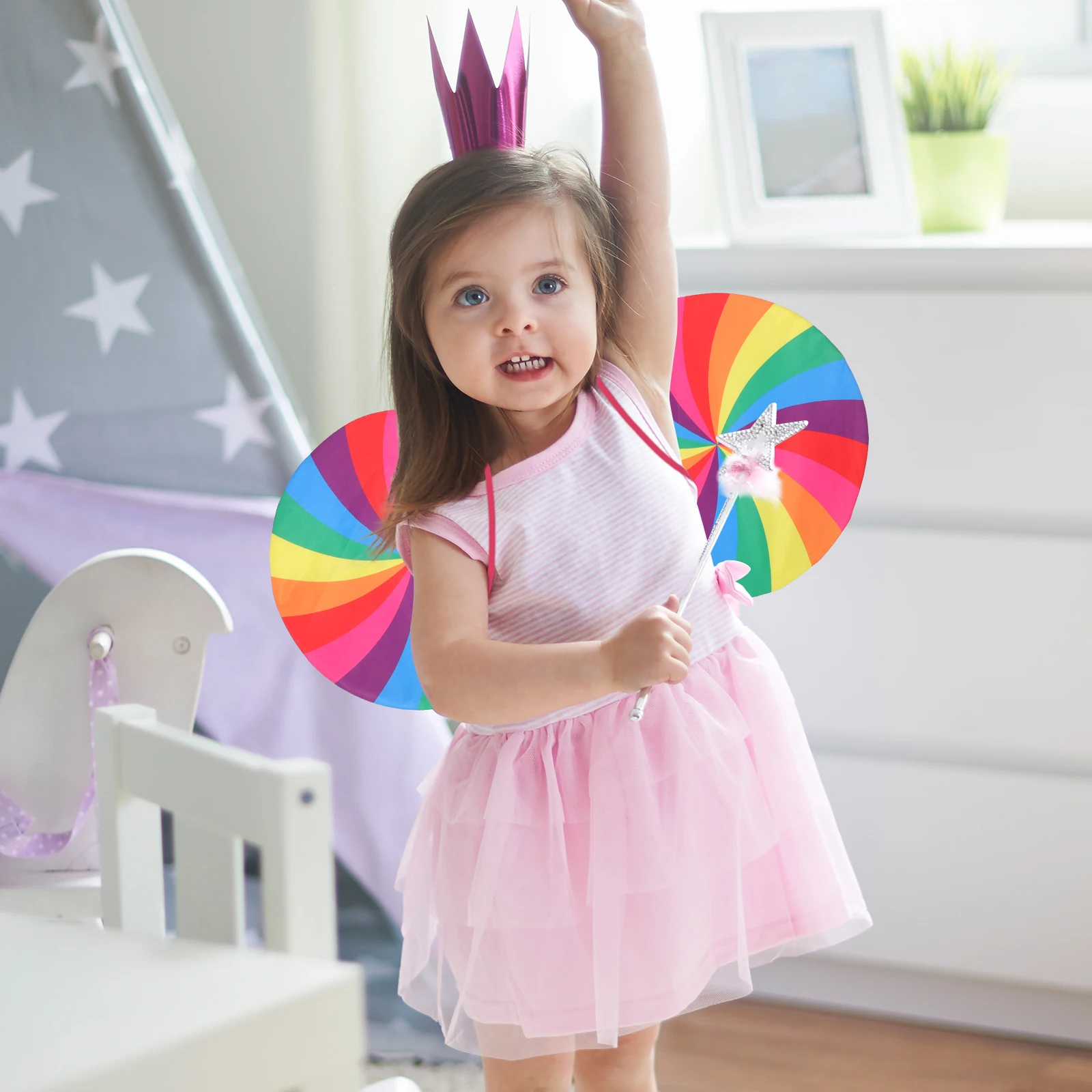 

Rainbow Wings Fairy Cosplay Party Decorations Plastic Costume Wings for Girls Kids Lightweight Durable Adjustable Straps