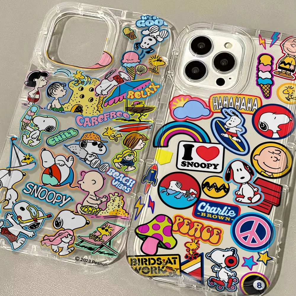 Capa de Celular Transparente com Airbag Antichoque do Snoopy em Desenho Animado para iPhone 17 16 15 14 13 12 11 Pro Max Plus X XR XSMax