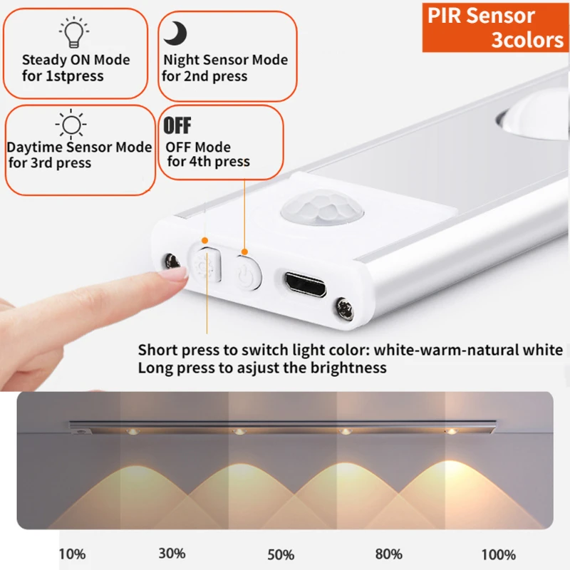 Dimming LED Under Cabinet Lights Motion Sensor Night light Wireless Rechargeable 3 Color Lamp Kitchen Closet Cabinet Lighting