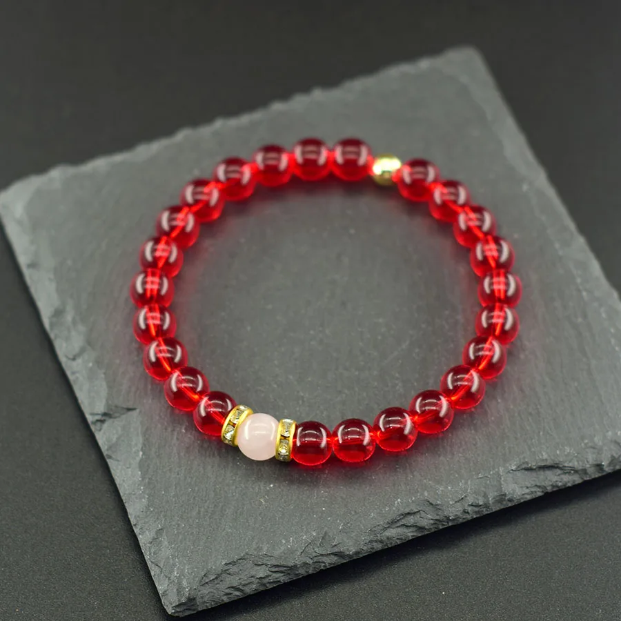 Classic Red Glass Bead Bracelet Women Natrual Pink Crystal Bead Charm Jewelry for Women Promote the Circulation of Blood Pulsera
