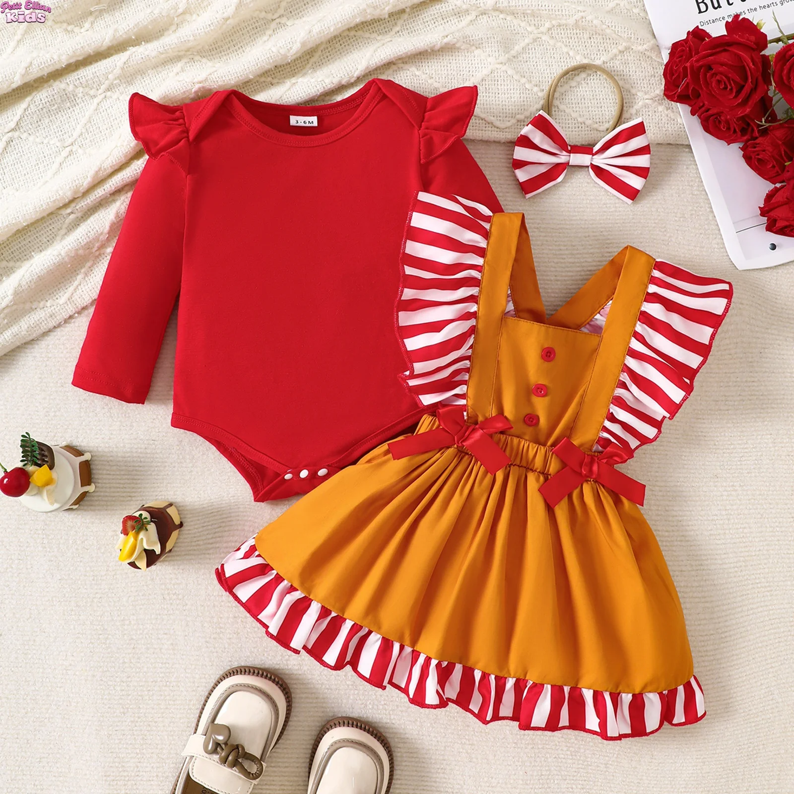 

New Arrival Baby Girl 3 Pcs Set 0-2Y Infant Cotton Christmas Outfit Red Bodysuit and Striped Ruffle Dress and Bow Headband Sets