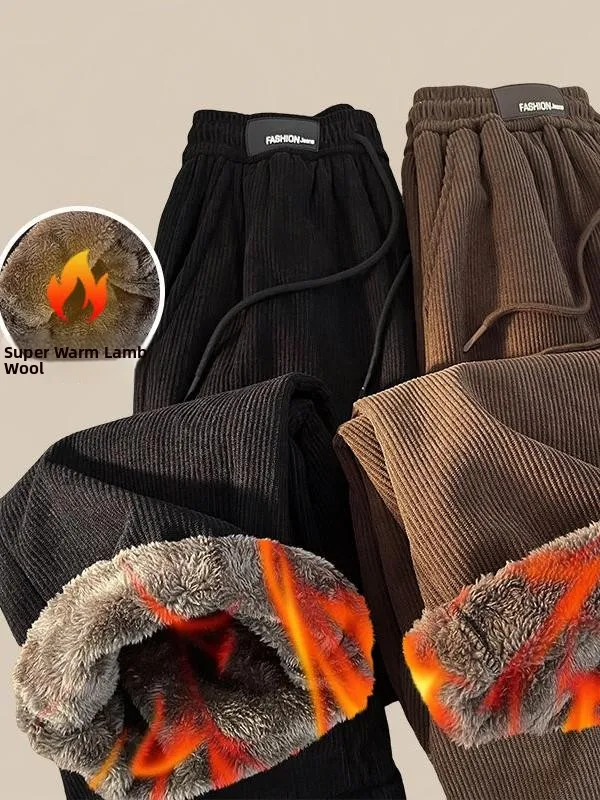 Extra Thick Winter Warm Lamb Velvet Pants Men's Winter Fleece Lined Wide Leg Straight Corduroy Sweatpants Youth Fashion Brand