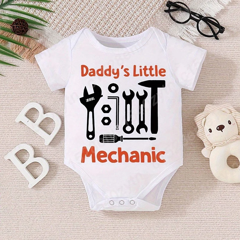 Adorable 'Daddy's Little Mechanic' Baby Boys And Girls Bodysuit, Summer Soft Short Sleeve Bodysuit, Crew Neck, Infant's Jumpsuit