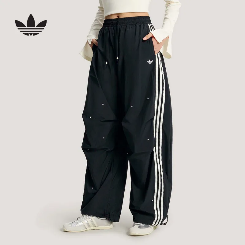 Adidas Originals Womens 2026 New Black Three Stripes Mesh Lined Loose Fit Woven Streetwear Pants KS2865