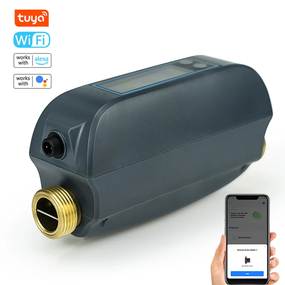 Tuya WiFi Smart Watervalve DN20 2.4G/5G Dual-Band LCD Digital Flowrate Meter APP Control Home Water Hydrovalve Management Device
