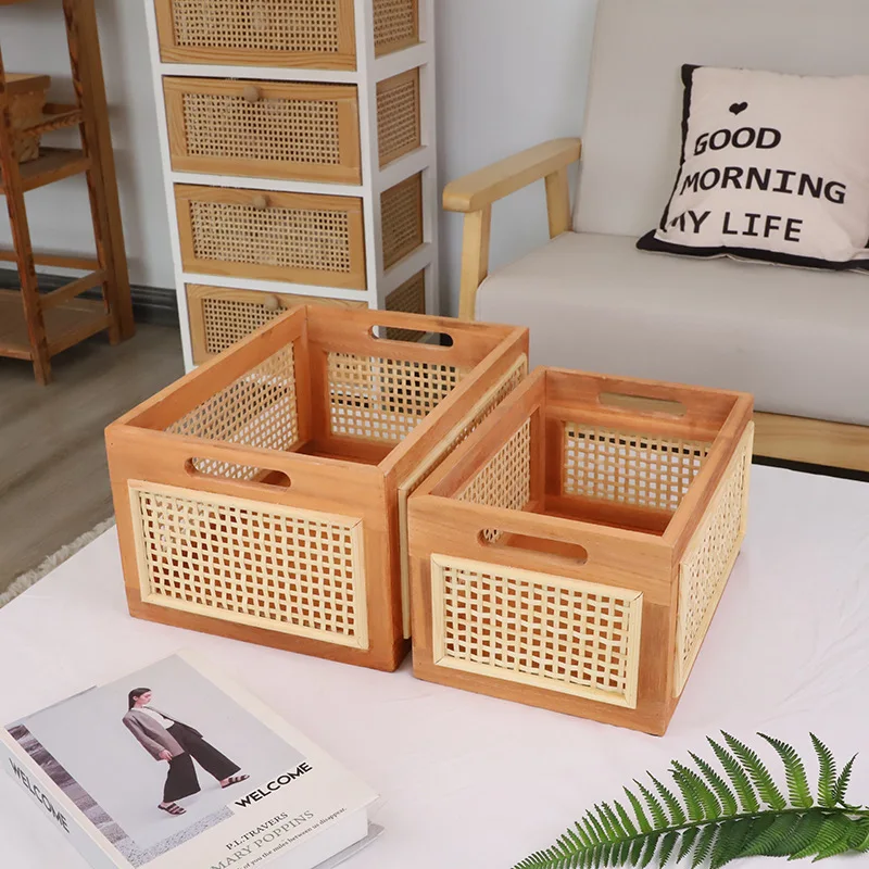 Bamboo Woven Hollow Solid Wood Storage Basket Fruit and Vegetable Kitchen Organizer Home Clutter Storage Square Box