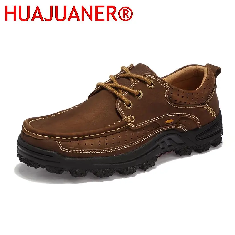 

New High Quality Mens Tooling Business Men Shoes Sneakers Male Round Toe Outdoor Shoes Genuine Leather Lace-up Solid Hiking Shoe