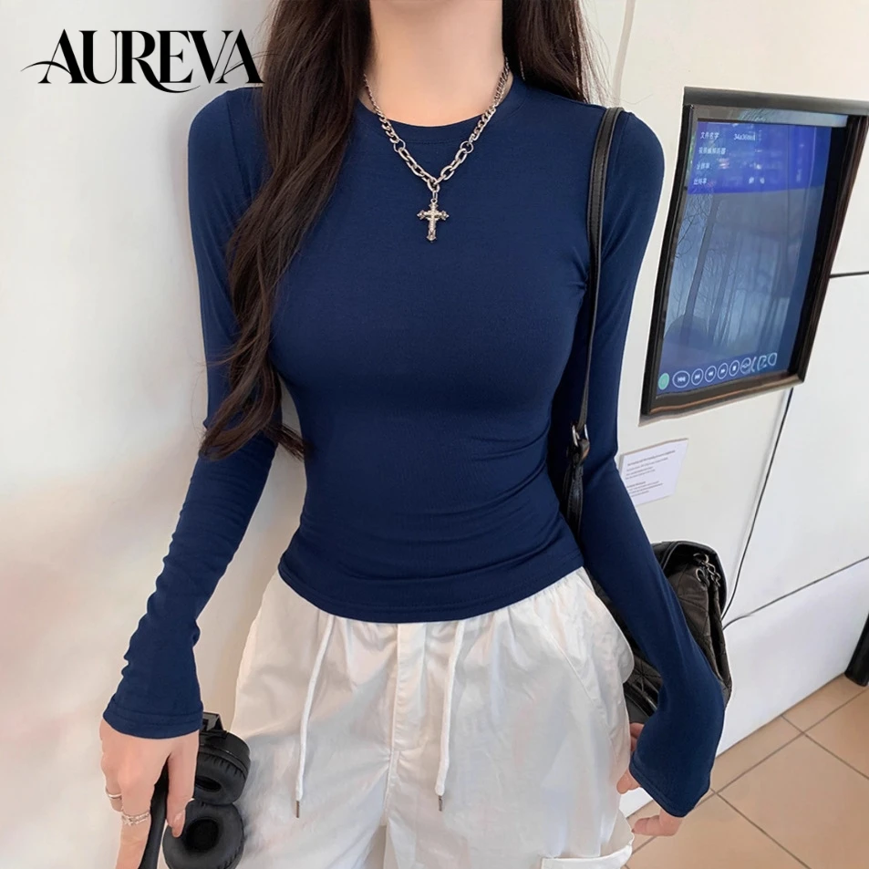 Korean Style Spicy Girl Shoulder Padded Long Sleeve T-Shirt Women's Spring Slim Fit Basic Crew Neck Top Designer Inner Layering