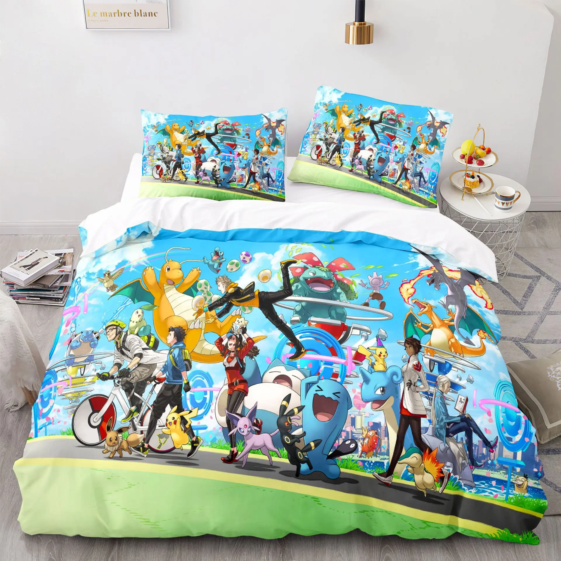 Pikachu sarung kasur, Set seprai Pokemon motif 3D, sarung bantal selimut Anime, untuk anak laki-laki, remaja, dan dewasa