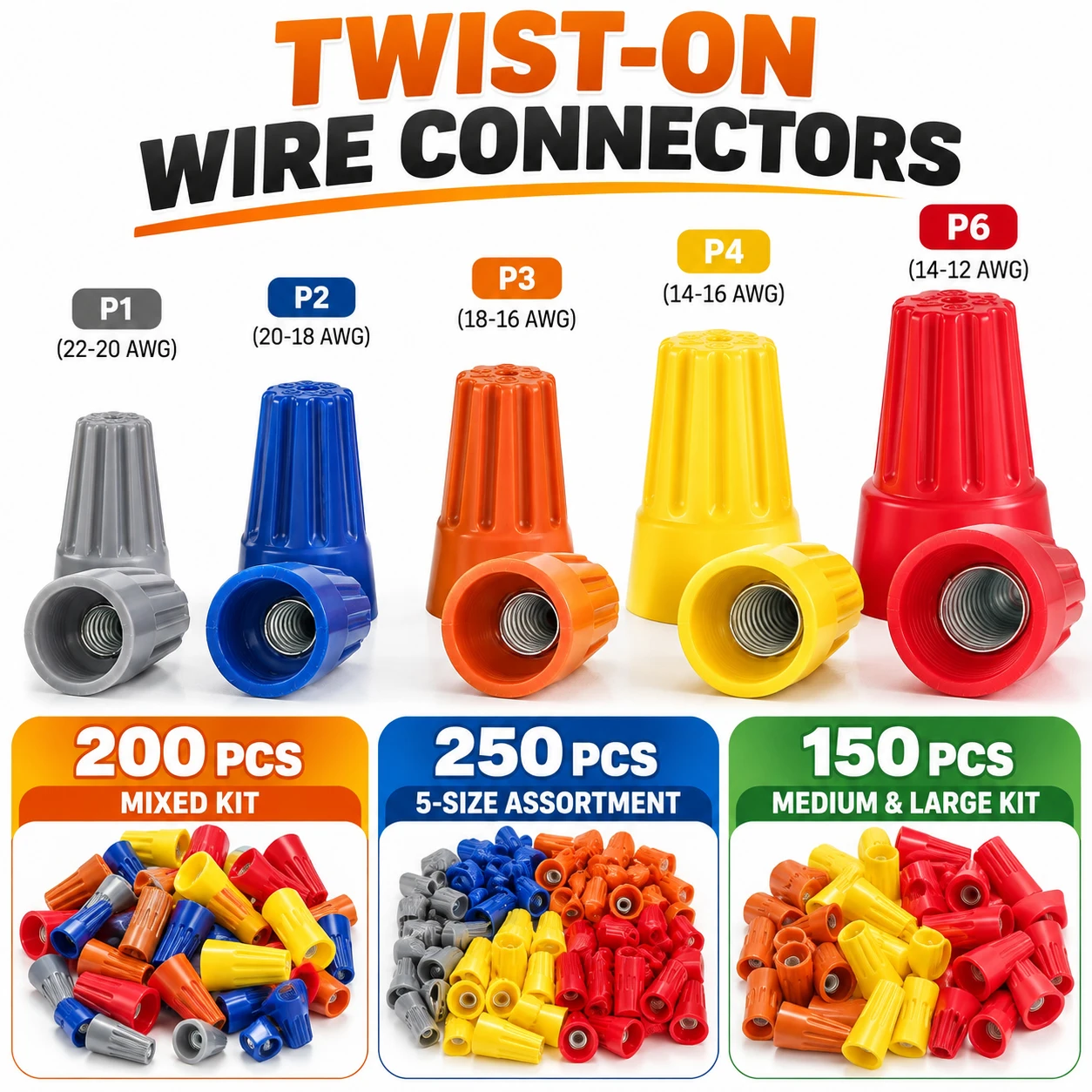 150/200/250PCS Twist-On Wire Connector Assortment Kit, P1 P2 P3 P4 P6 Screw-On Wire Nuts, Mixed Size Electrical Connector Caps