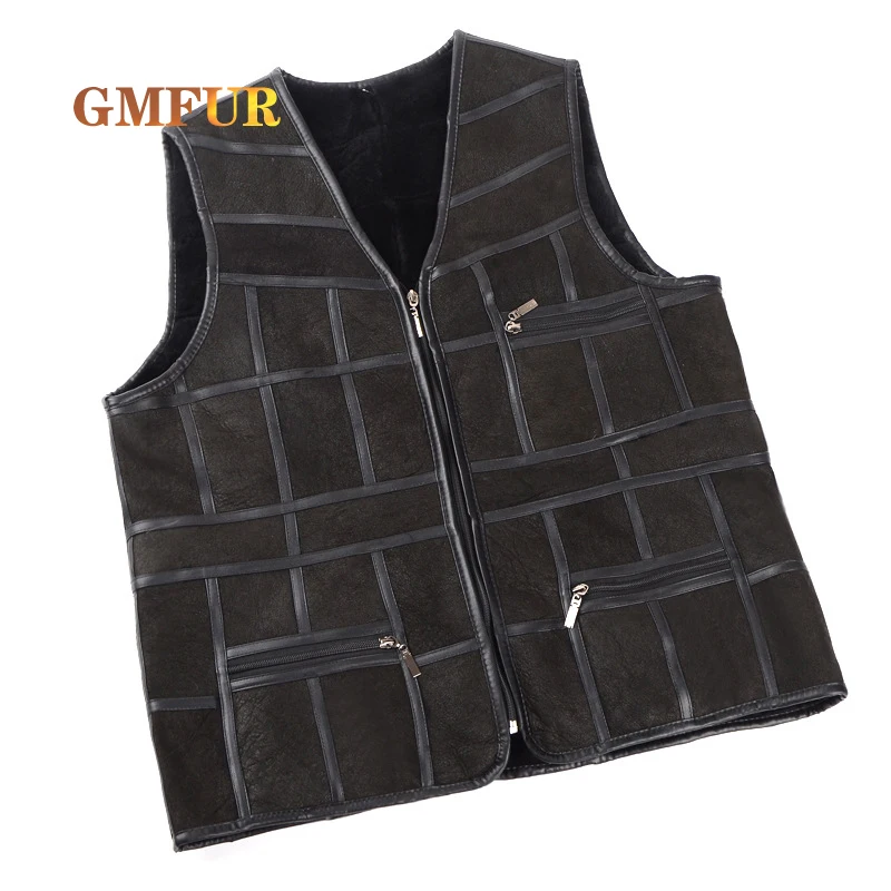 Men Genuine Sheepskin Vest Autumn Winter New Style Sleeveless Fashion Real Wool Thick Coat Warm Black Brand Vest