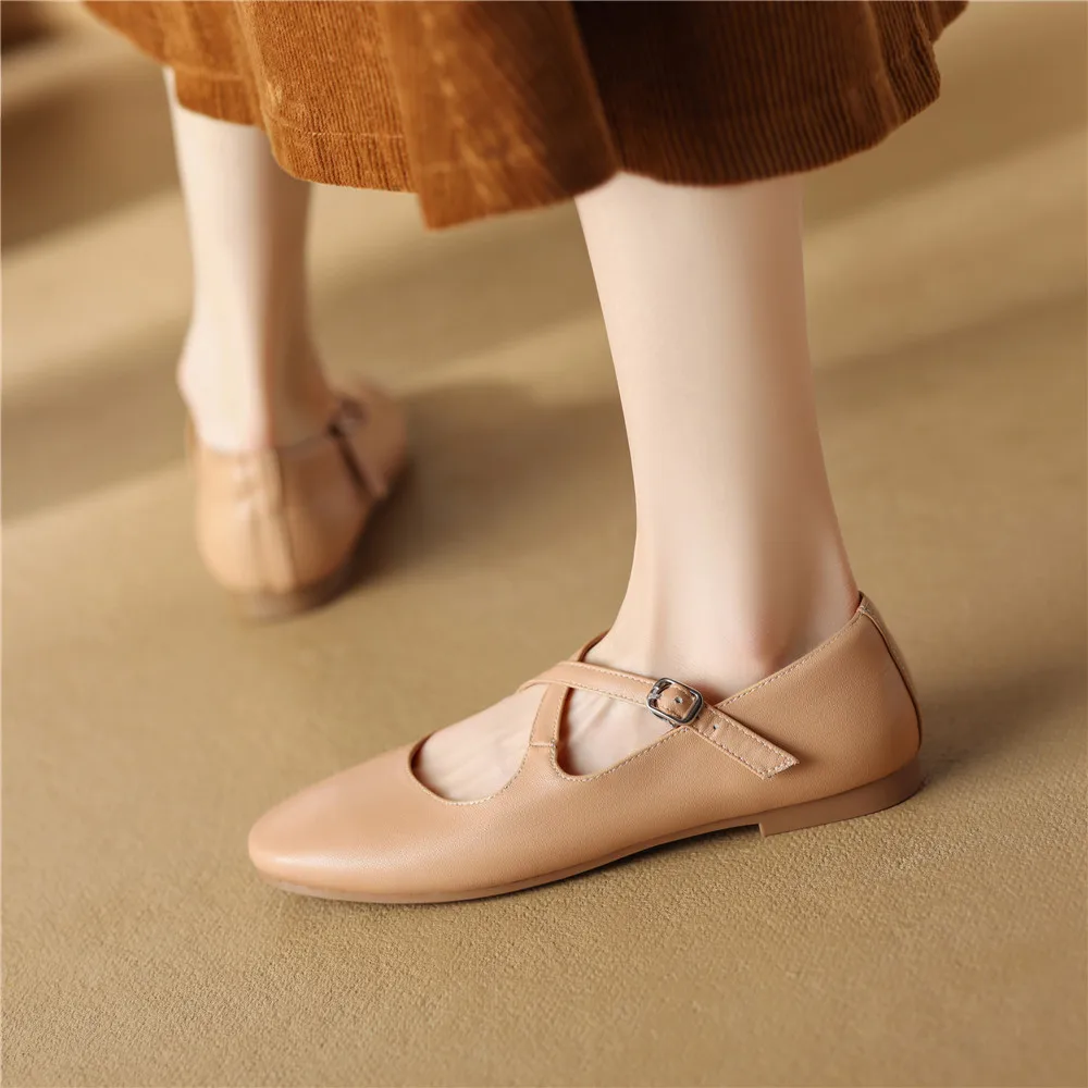 FEDONAS New Arrival Women Flats Spring Summer Round Toe Buckle Strap Genuine Leather Concise Casual Working Shoes Woman Basic