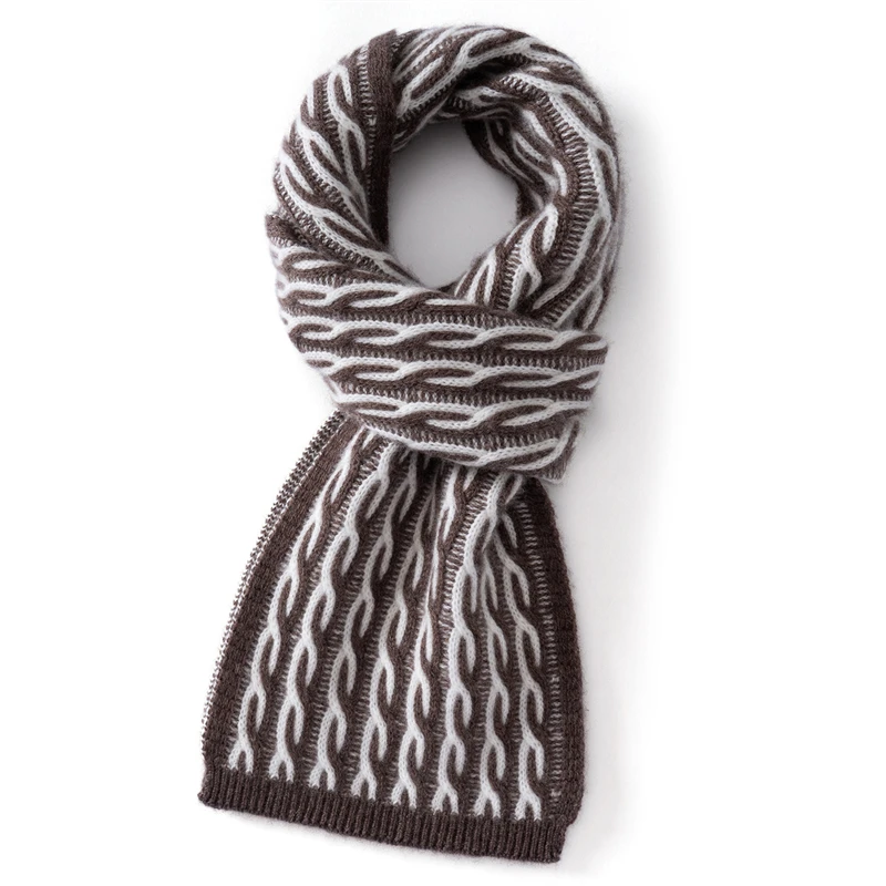 High-End Autumn Winter 100% Pure Cashmere Knitted Scarf Versatile Two-Tone Cable Design Warm Neck Warmer Shawl