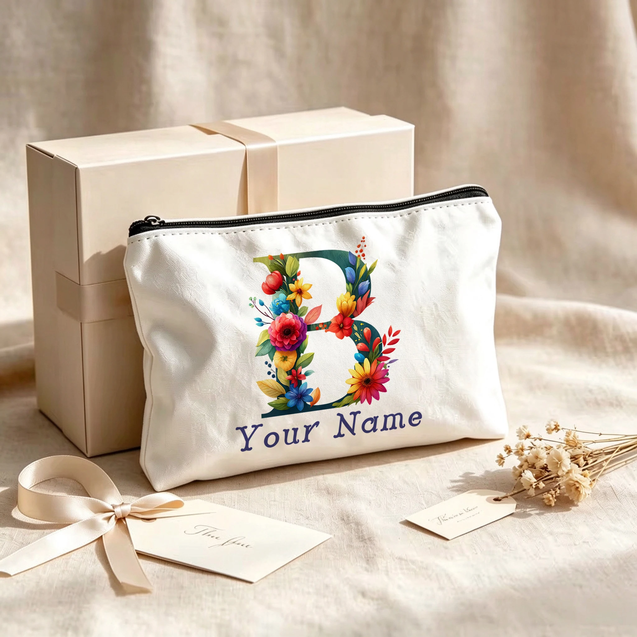Personalized Floral Letter Makeup Bags Custom Name Monogram Cosmetic Pouch with Inner Lining for Women Travel Toiletry Bag Gifts