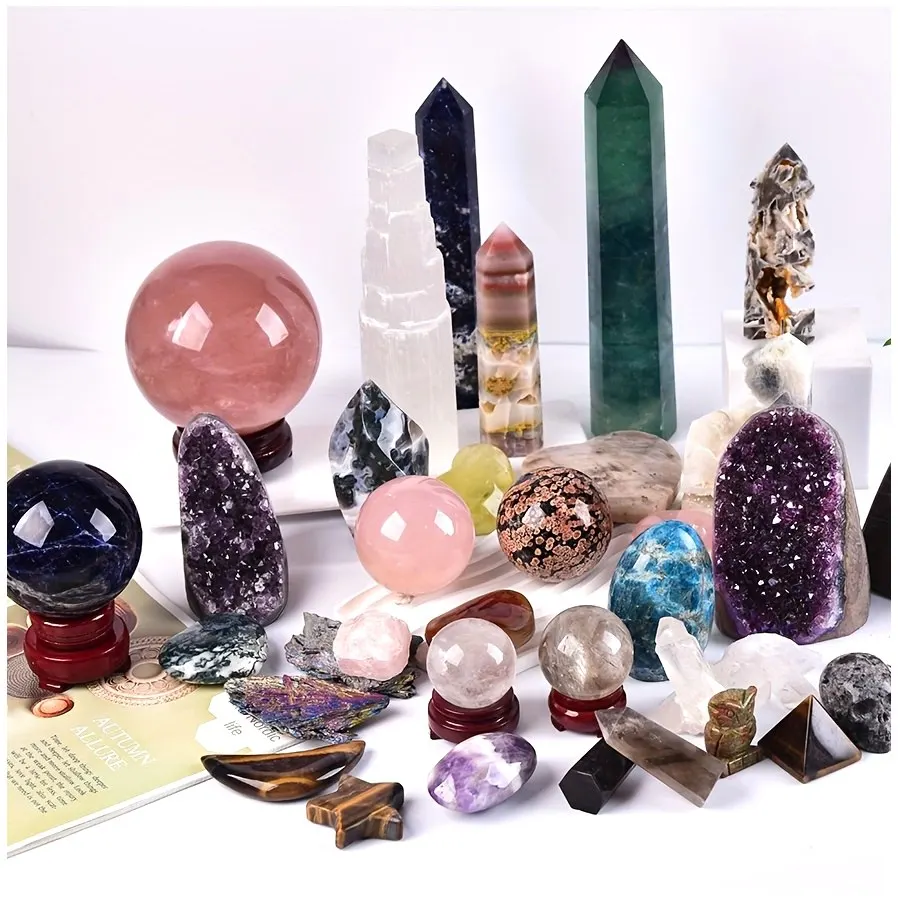 Mixed Crystal Decorative Stones – Natural Freeform Spheres, Obelisks & Palm Stones in 2lb/4lb/6lb/8lb Sets | Unique Specimen Gif