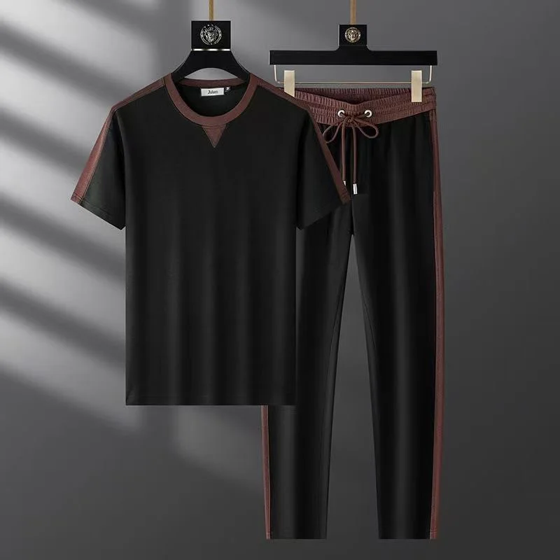 

Men's Casual Stand Collar Short Sleeve Shirt & Pants Set Lightweight Textured Two-Piece Outfit