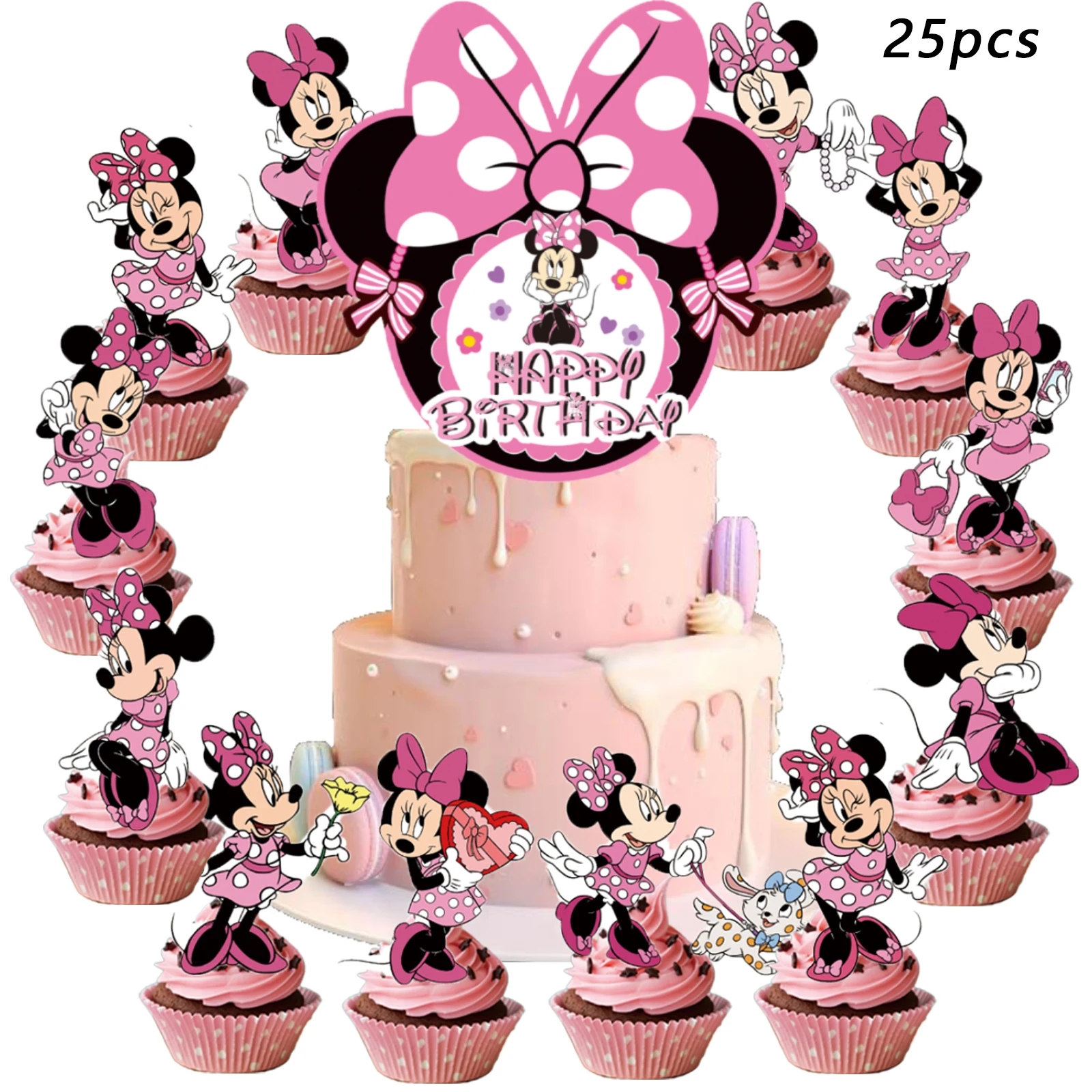 25pcs Disney Minnie Cake Topper、Cupcake Toppers,Minnie Birthday Decorations,Minnie Theme Party Supplies