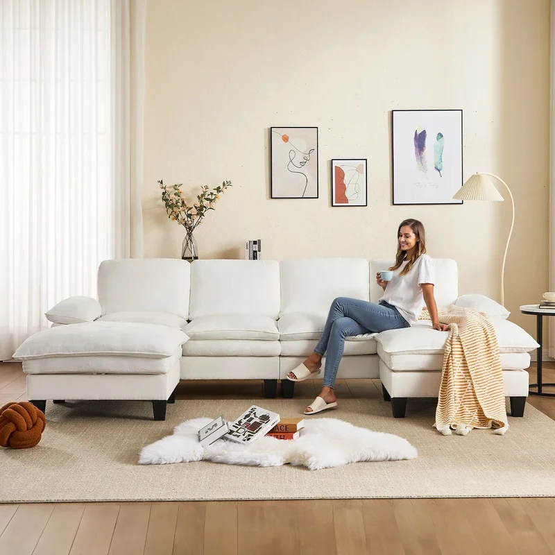 

6-местный U-образный диван-трансформер с двойной пенопластовой подушкой и пуфиком для хранения вещей для гостиной