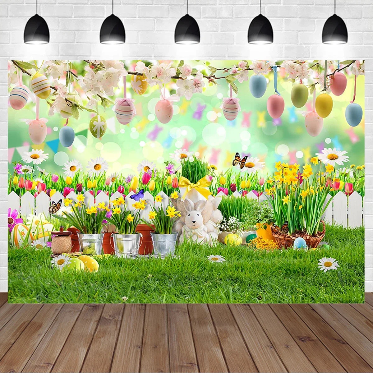 

Easter Bunny Party Photography Background Garden Flower Egg Butterfly Grassland Backdrop Baby Birthday Cake Smash Photo Studio