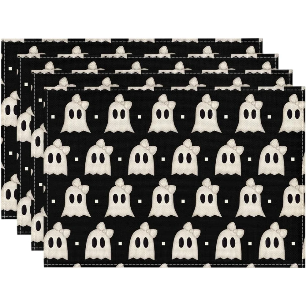 

Black Stripes Ghost Boo Spooky Halloween Placemats Set of 4, 12x18 Inch Seasonal Vintage Table Mats for Party Kitchen Dining