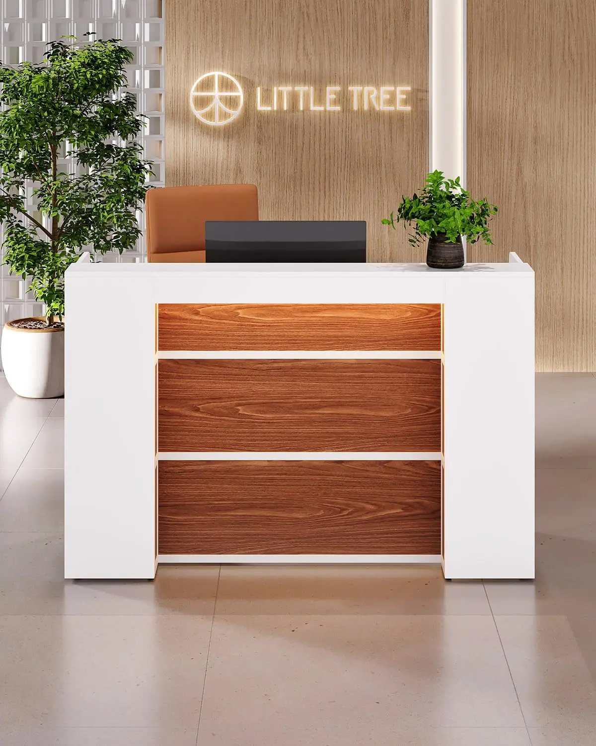 Little Tree 63 Inches Reception Desk, Modern Reception Table With Led Light, Front Counter Desk, Wooden Checkout Counter For