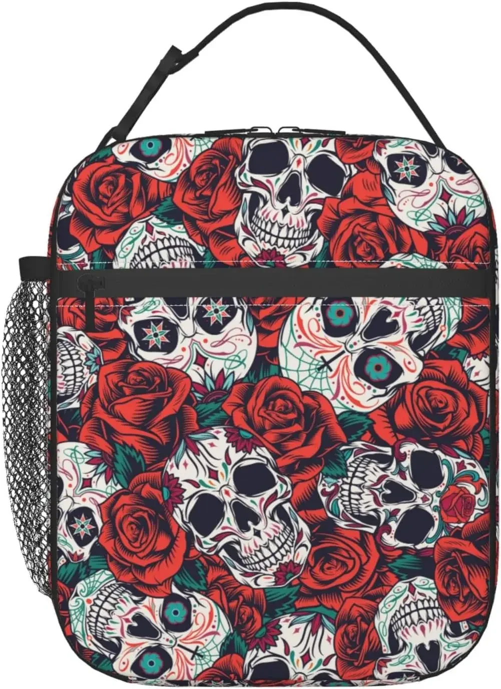 Sugar Skull Rose Flower Portable Lunch Bag Insulated Lunch Box Reusable Totes For Women Men Work Picnic Camping