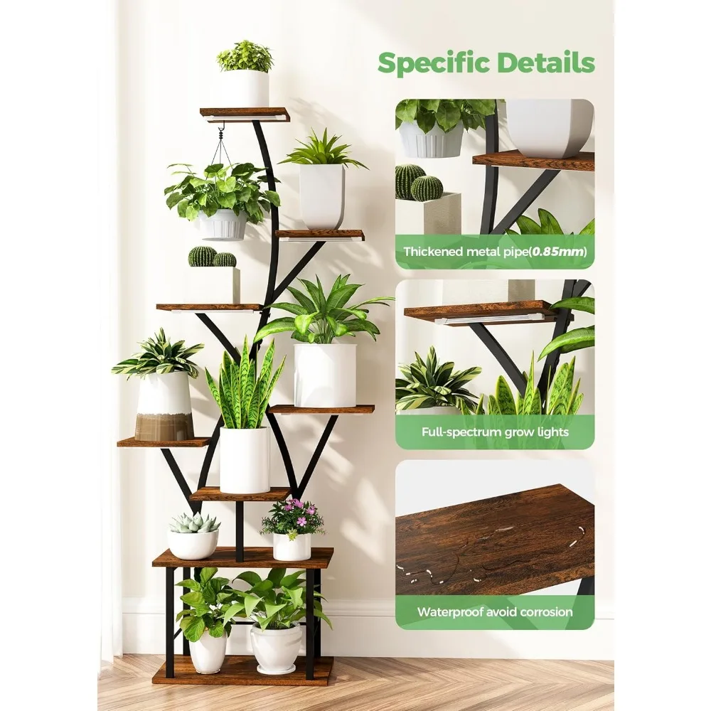 حامل نباتات داخلي طويل القامة 64 بوصة مع أضواء للنمو، رف على شكل حرف S من 8 طبقات لديكور المنزل والفناء #5