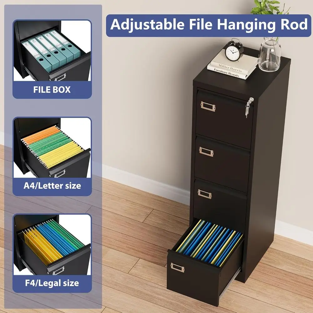 4 Drawer File Cabinet with Lock, Metal Filing Cabinets, Vertical Small Filing Cabinet Steel Lockable Storage Cabinets for Home O