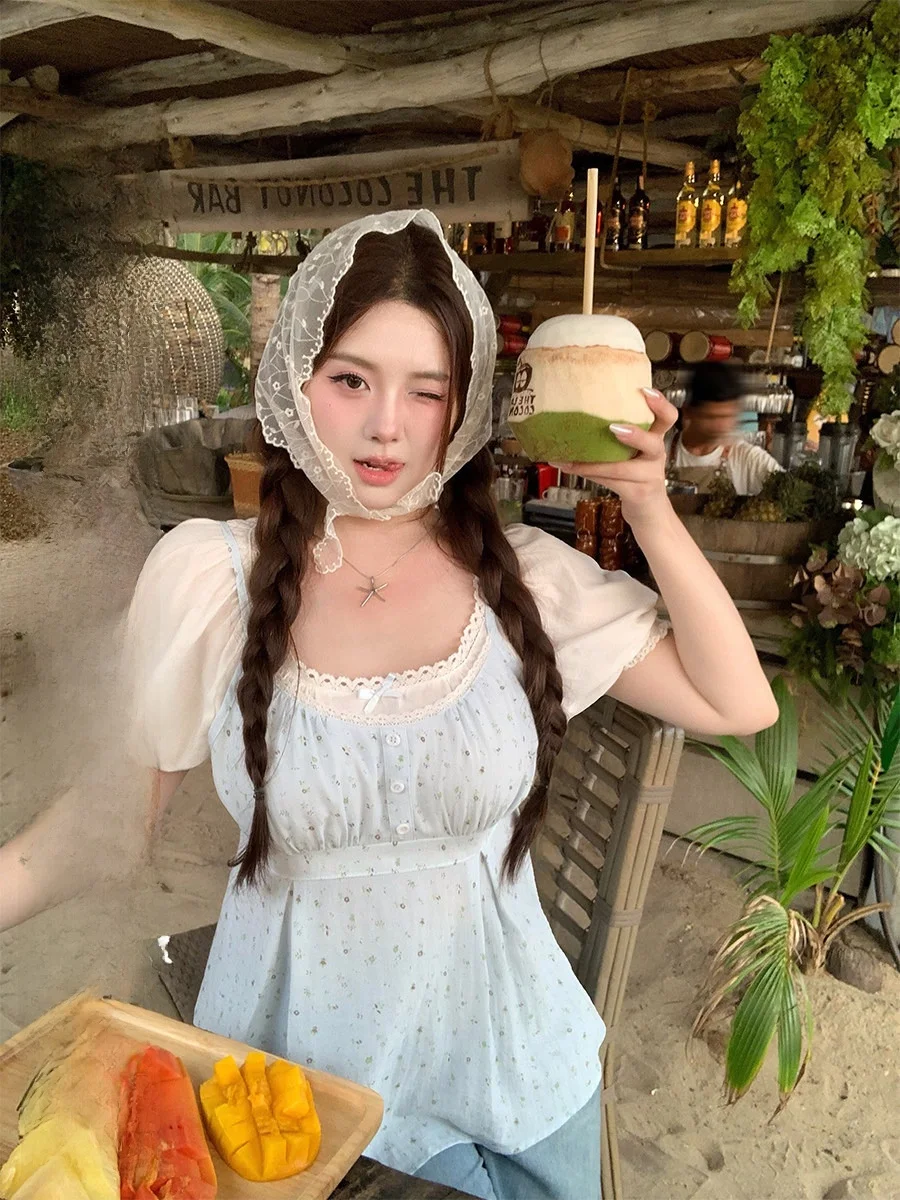 

Sweet Waist Cinched Floral Print Short Sleeve Women's Top Fake Two-Piece Lace Trim plus Size Gentle Style Spring Casual Shirt