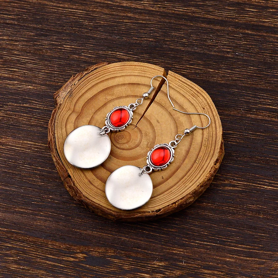 DIY accessories Niche design retro metal silver glossy round gemstone pendant earrings women's temperament elegant and versatile