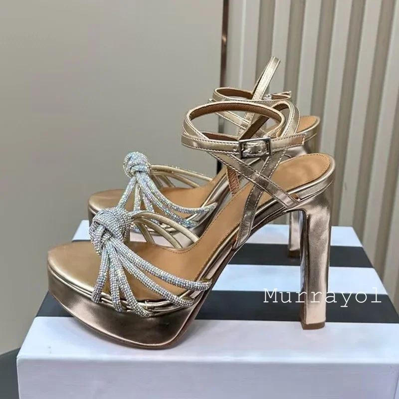 جديد حجر الراين ديكور منصة مقاومة للماء Sandalias النساء جلد طبيعي هايت الكعب الصنادل الصيف فستان الحفلات أحذية مضخات